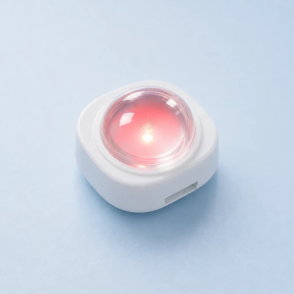 Nærbillede af en ClearPatch™ LED-pod med rødt LED-lys bag den gennemsigtige kuppel