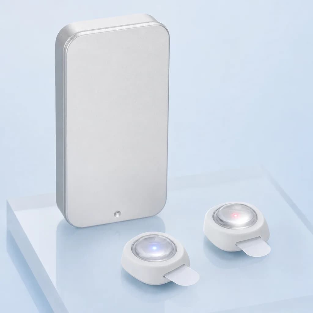 ClearPatch™ LED acne patch: to LED-pods med rødt og blåt lys ved siden af den kompakte aluminiumsæske