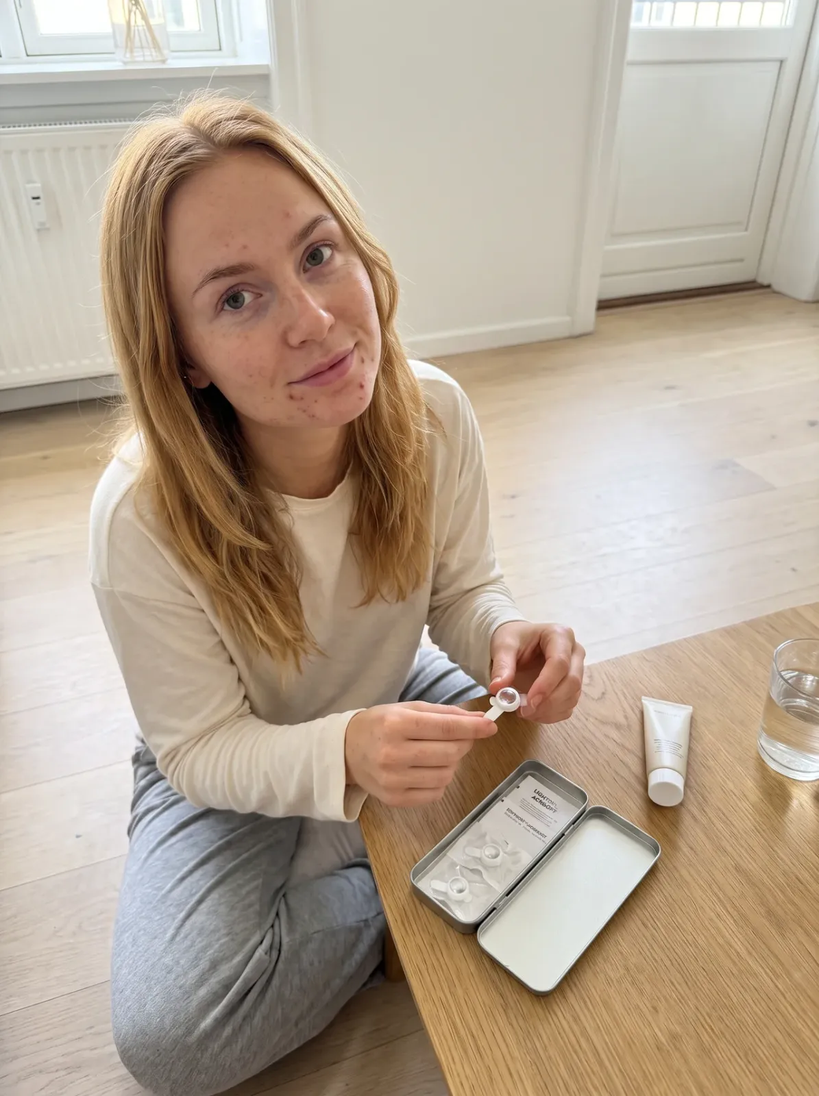 Sofie holder en ClearPatch™ pod ved sofabordet