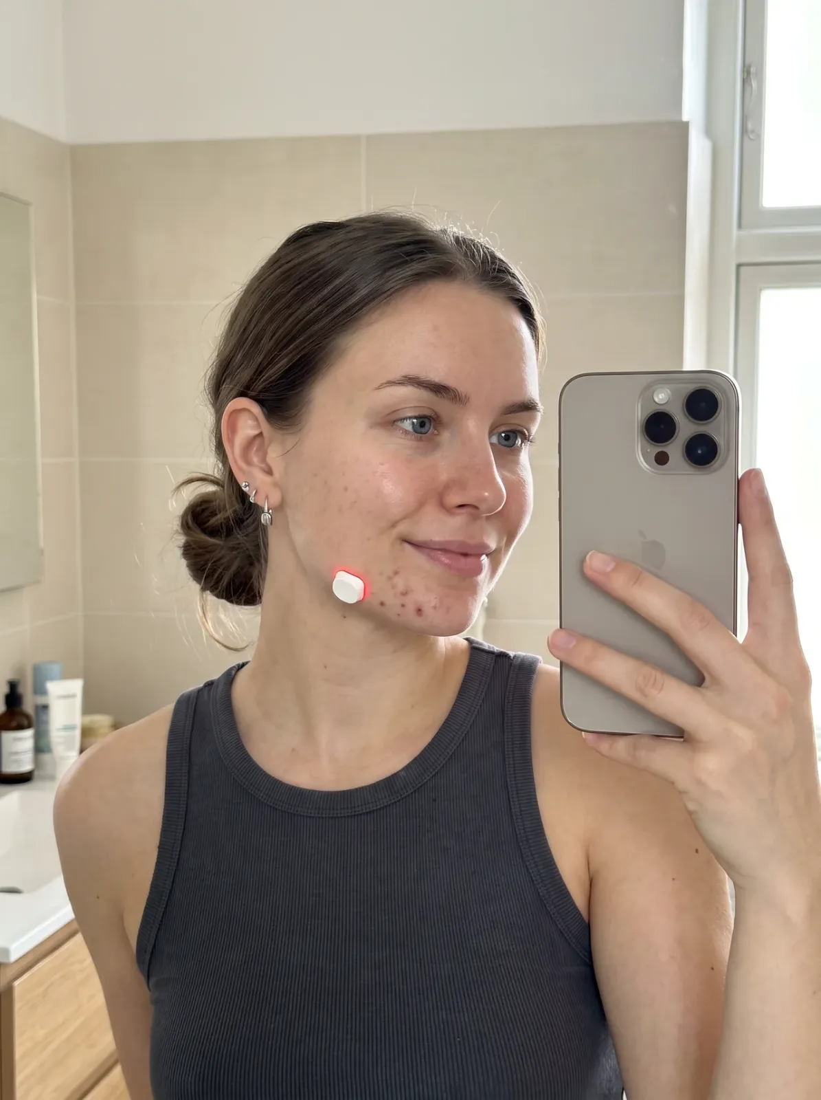 Emma med ClearPatch™ på kinden foran badeværelsesspejlet
