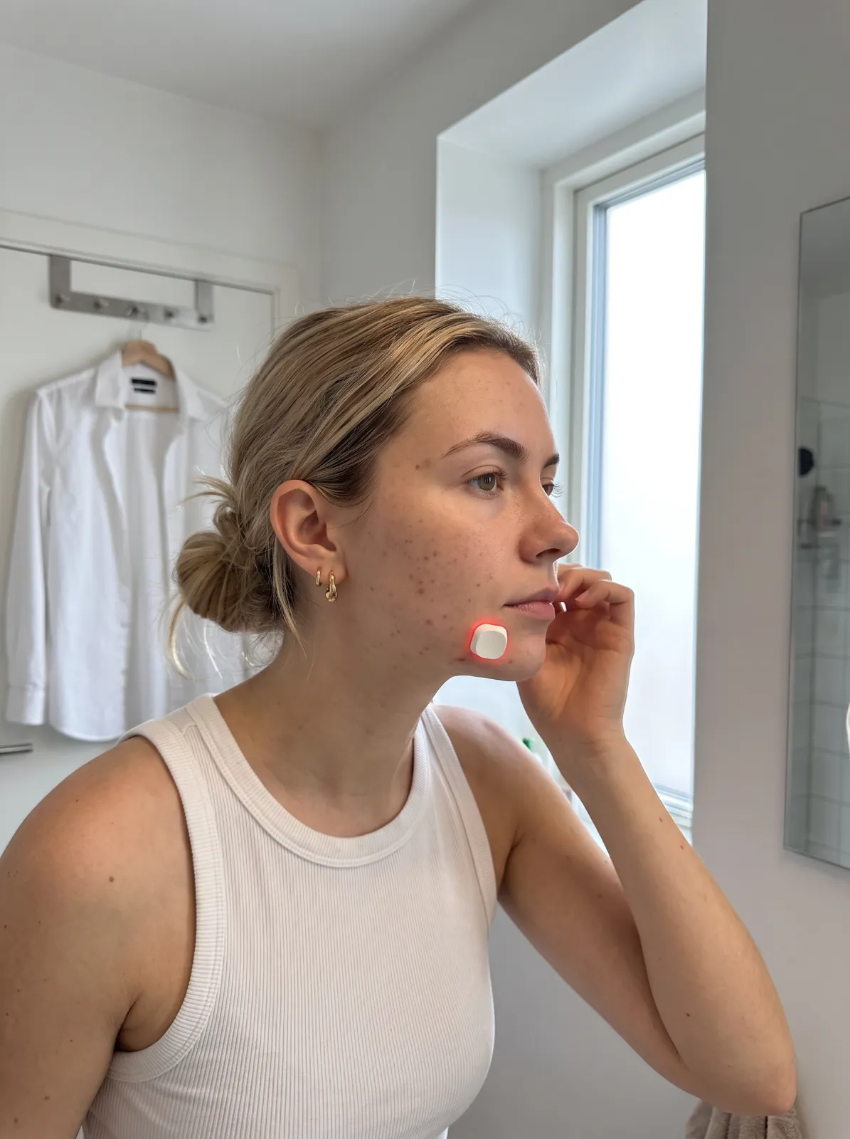 Kvinde på badeværelset med en ClearPatch™ LED-pod på kæben