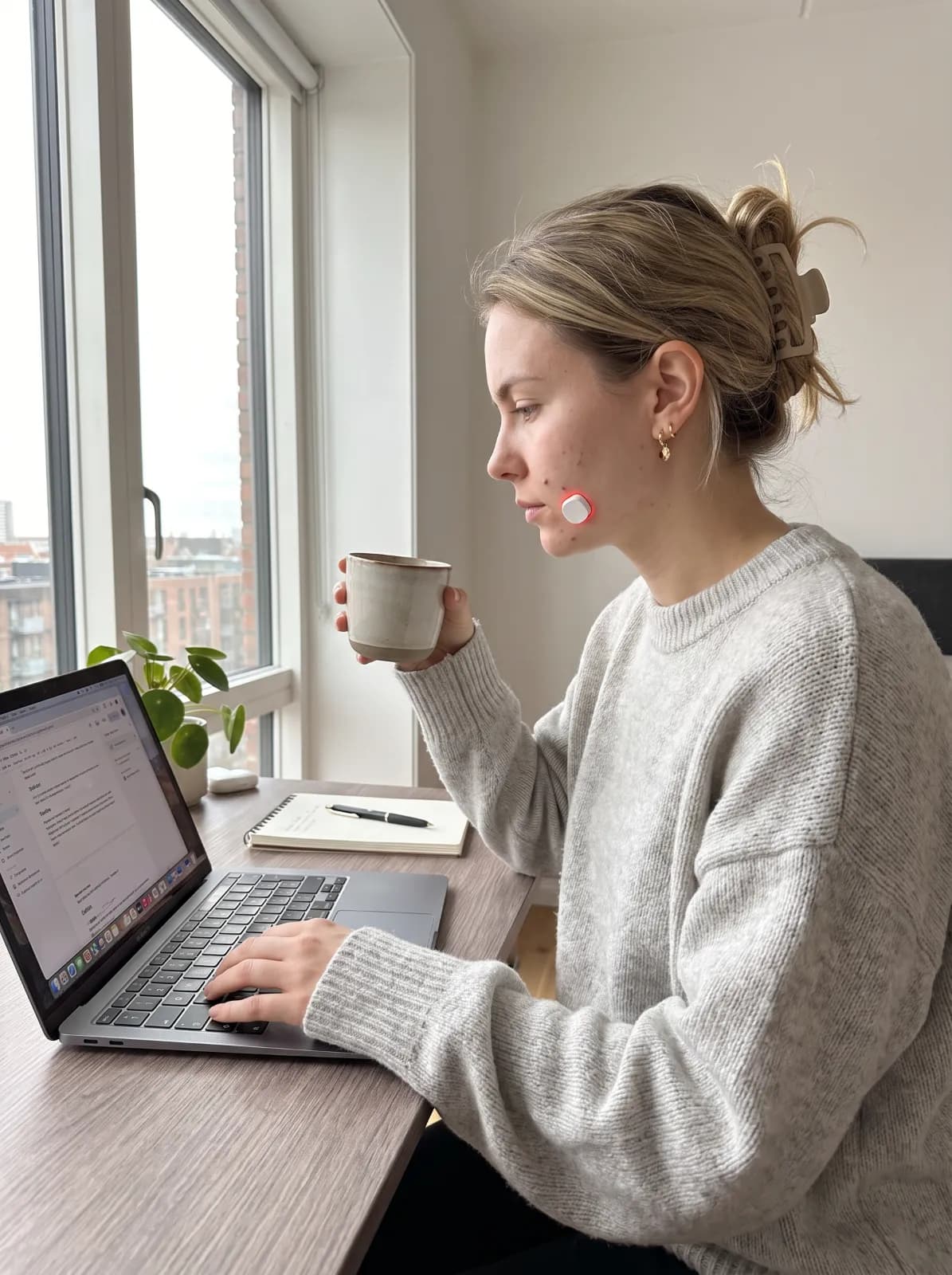 Kvinde drikker kaffe ved sin computer med en ClearPatch™ LED-pod på kinden