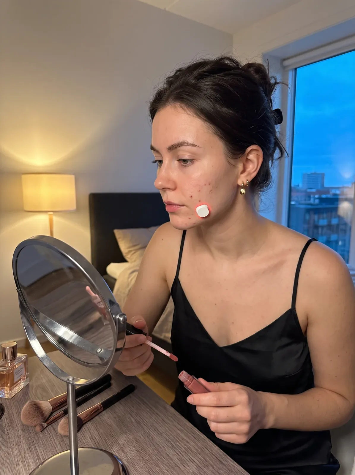 Kvinde lægger makeup foran spejlet med en ClearPatch™ LED-pod på kinden